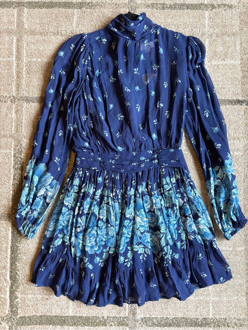 Anthropologie Let Me Be Blue Floral Mock Neck LongSleeve Sheer Mini Dress XS NWT